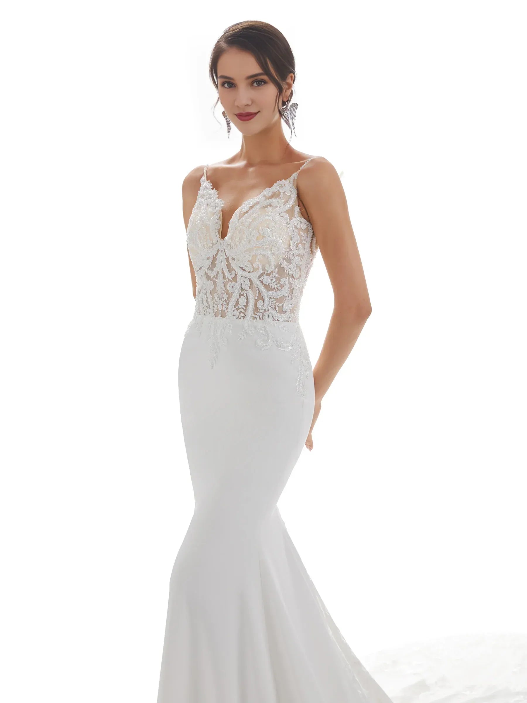 Sleek Mermaid Plunge-Neck Spaghetti-Strap Floor-Length Wedding Dress