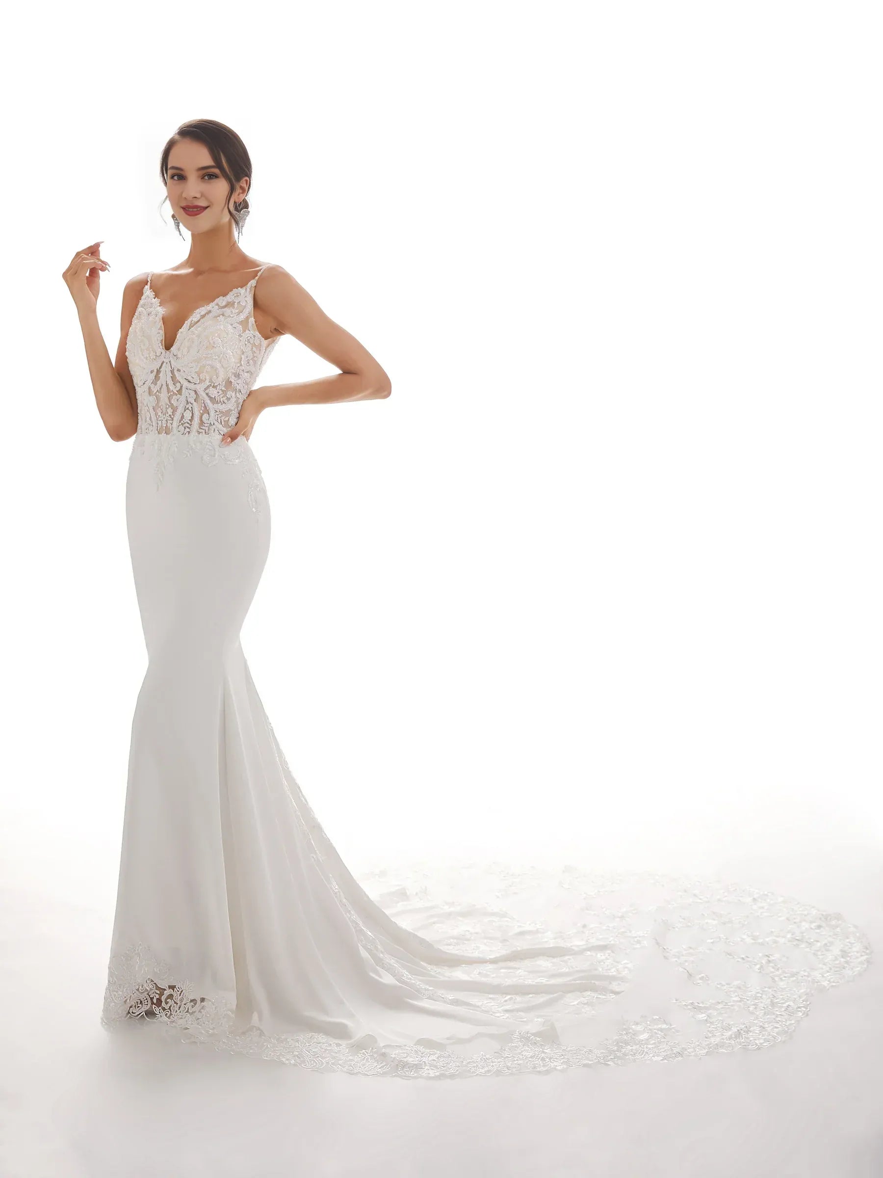 Sleek Mermaid Plunge-Neck Spaghetti-Strap Floor-Length Wedding Dress