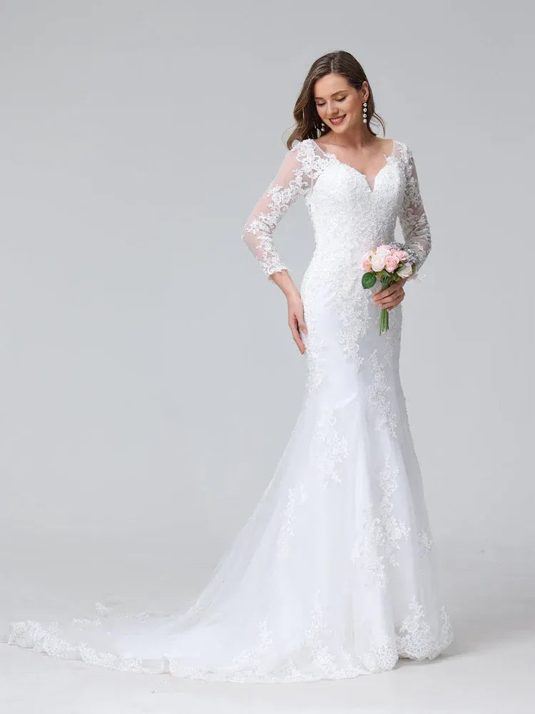 Sleek Mermaid Sweetheart-Neck Long-Sleeve Floor-Length Wedding Dress