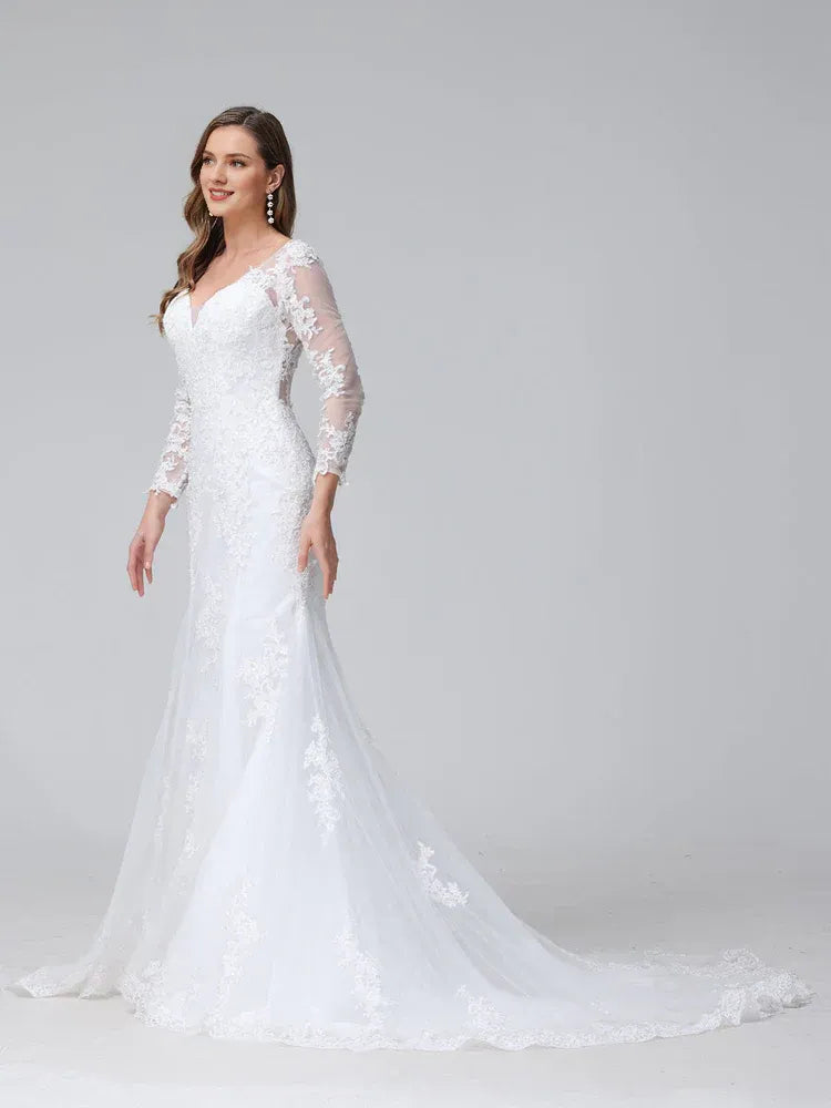 Sleek Mermaid Sweetheart-Neck Long-Sleeve Floor-Length Wedding Dress