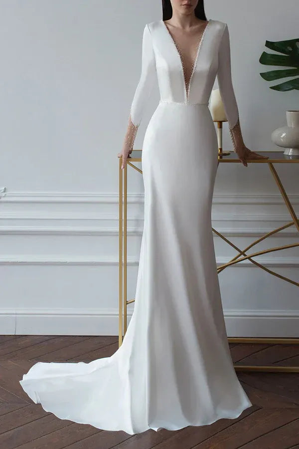 Sleek Plunging V-Neck Long-Sleeve Mermaid Floor-Length Wedding Dress