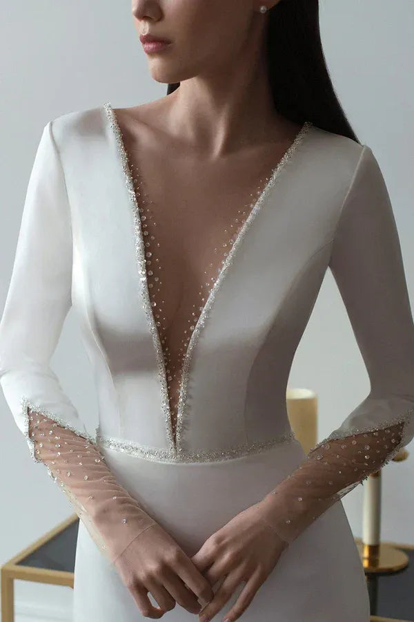 Sleek Plunging V-Neck Long-Sleeve Mermaid Floor-Length Wedding Dress