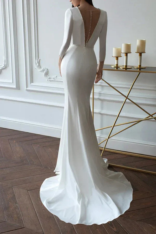 Sleek Plunging V-Neck Long-Sleeve Mermaid Floor-Length Wedding Dress