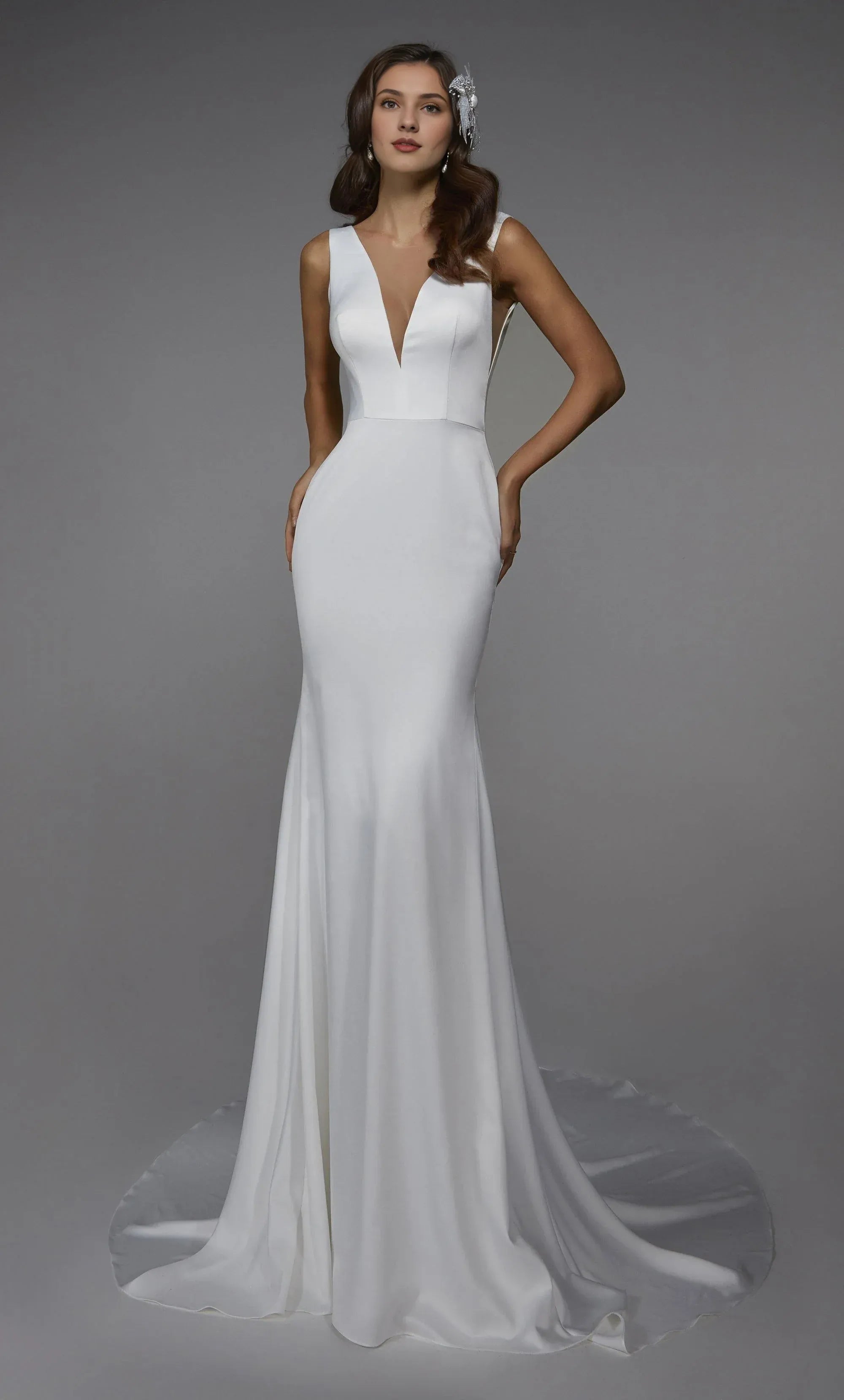 Sleek Satin Mermaid Wedding Dress with Plunge V-Neck & Low Back