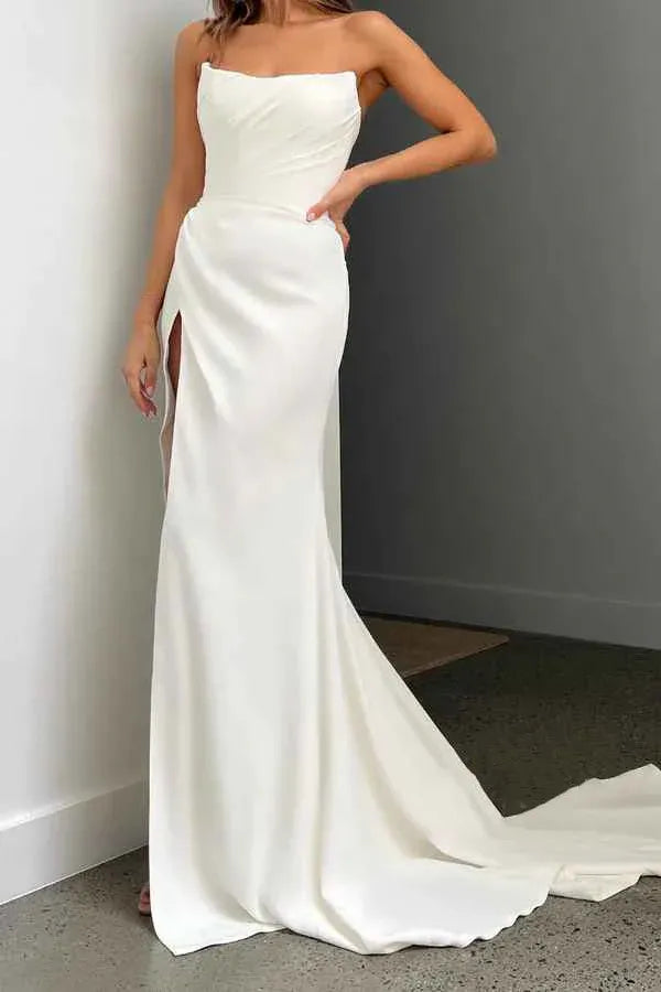 Sleek Strapless Draped High-Slit Mermaid Floor-Length Wedding Dress
