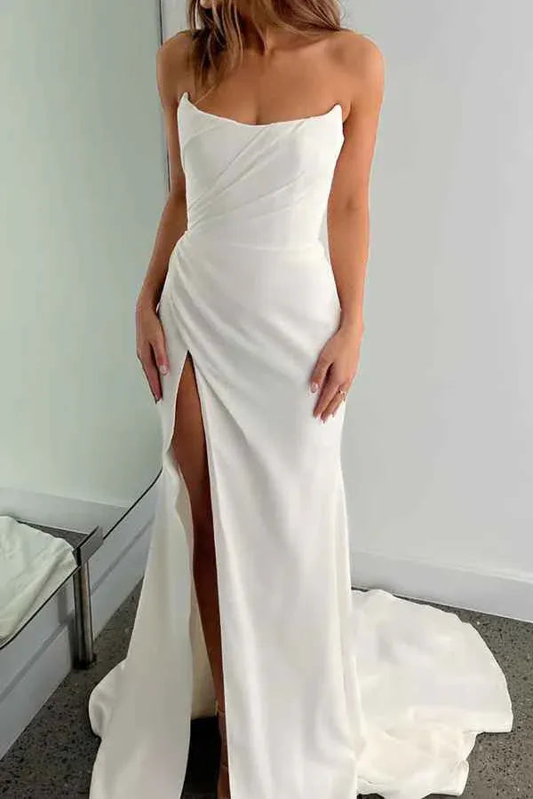 Sleek Strapless Draped High-Slit Mermaid Floor-Length Wedding Dress