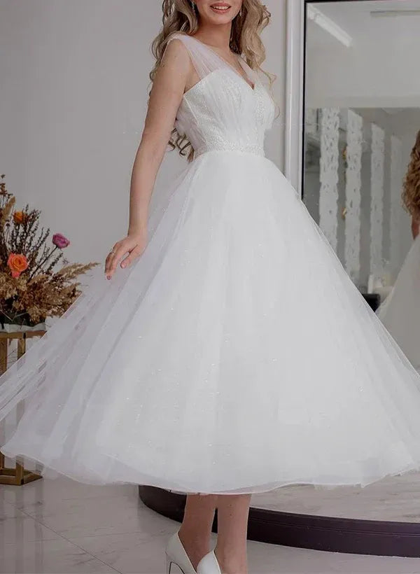 Sparkling Tea-Length Sweetheart-Neck Cap-Sleeve Wedding Dress