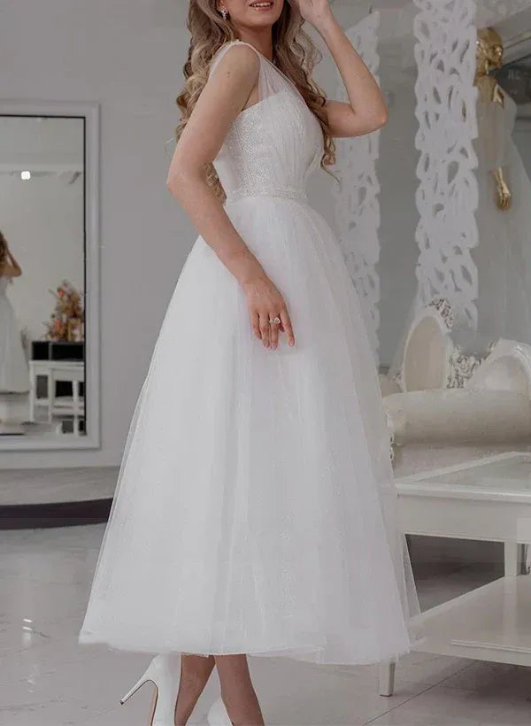 Sparkling Tea-Length Sweetheart-Neck Cap-Sleeve Wedding Dress