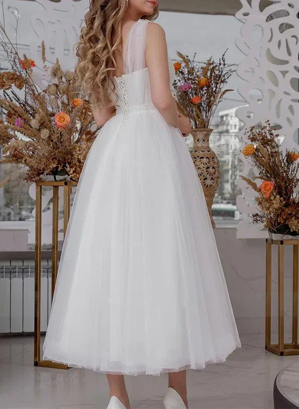 Sparkling Tea-Length Sweetheart-Neck Cap-Sleeve Wedding Dress