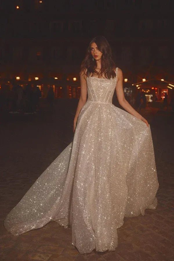 Sparkly Square-Neck Sleeveless A-Line Floor-Length Wedding Dress