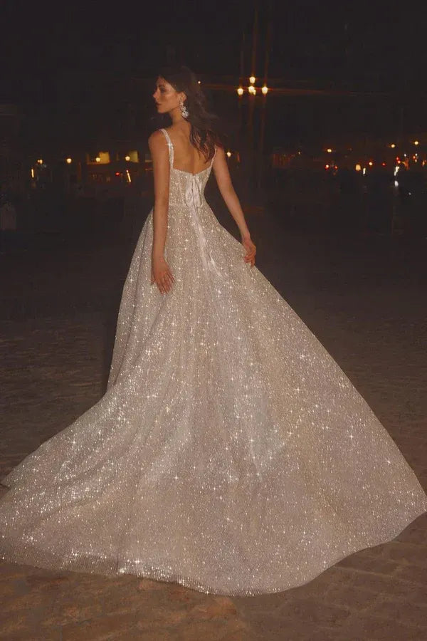 Sparkly Square-Neck Sleeveless A-Line Floor-Length Wedding Dress
