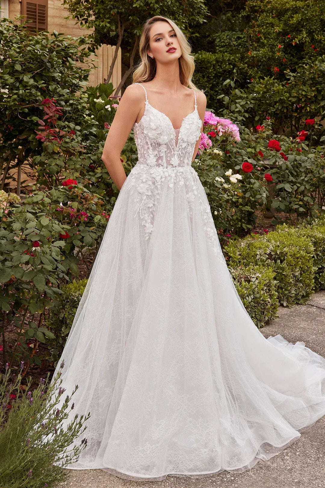 Spellbinding A-Line Plunging-Neck Spaghetti-Strap Floor-Length Wedding Dress