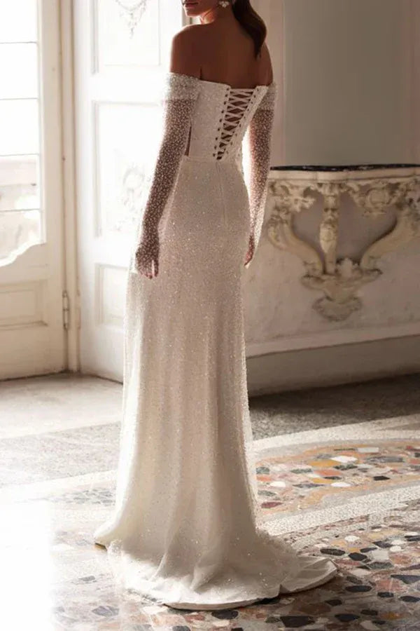 Striking Off-the-Shoulder Long-Sleeve Mermaid Floor-Length Wedding Dress