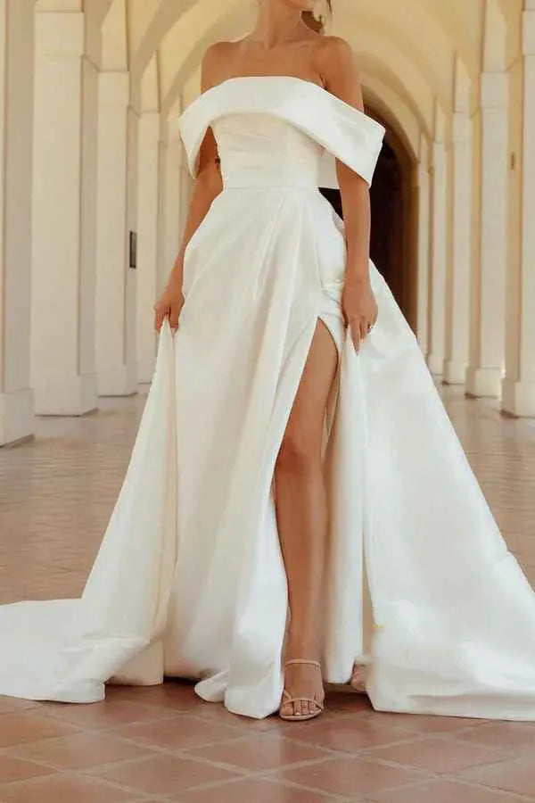 Striking Off-the-Shoulder Satin A-Line Floor-Length Wedding Dress
