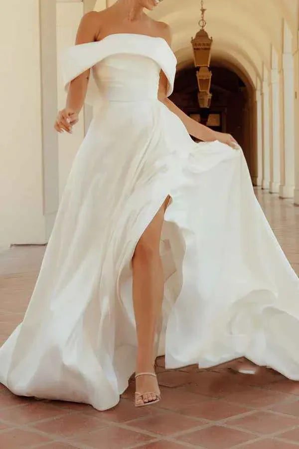 Striking Off-the-Shoulder Satin A-Line Floor-Length Wedding Dress