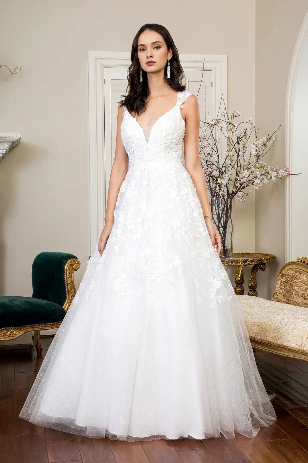 Stunning A-Line V-Neck Cap-Sleeve Floor-Length Wedding Dress
