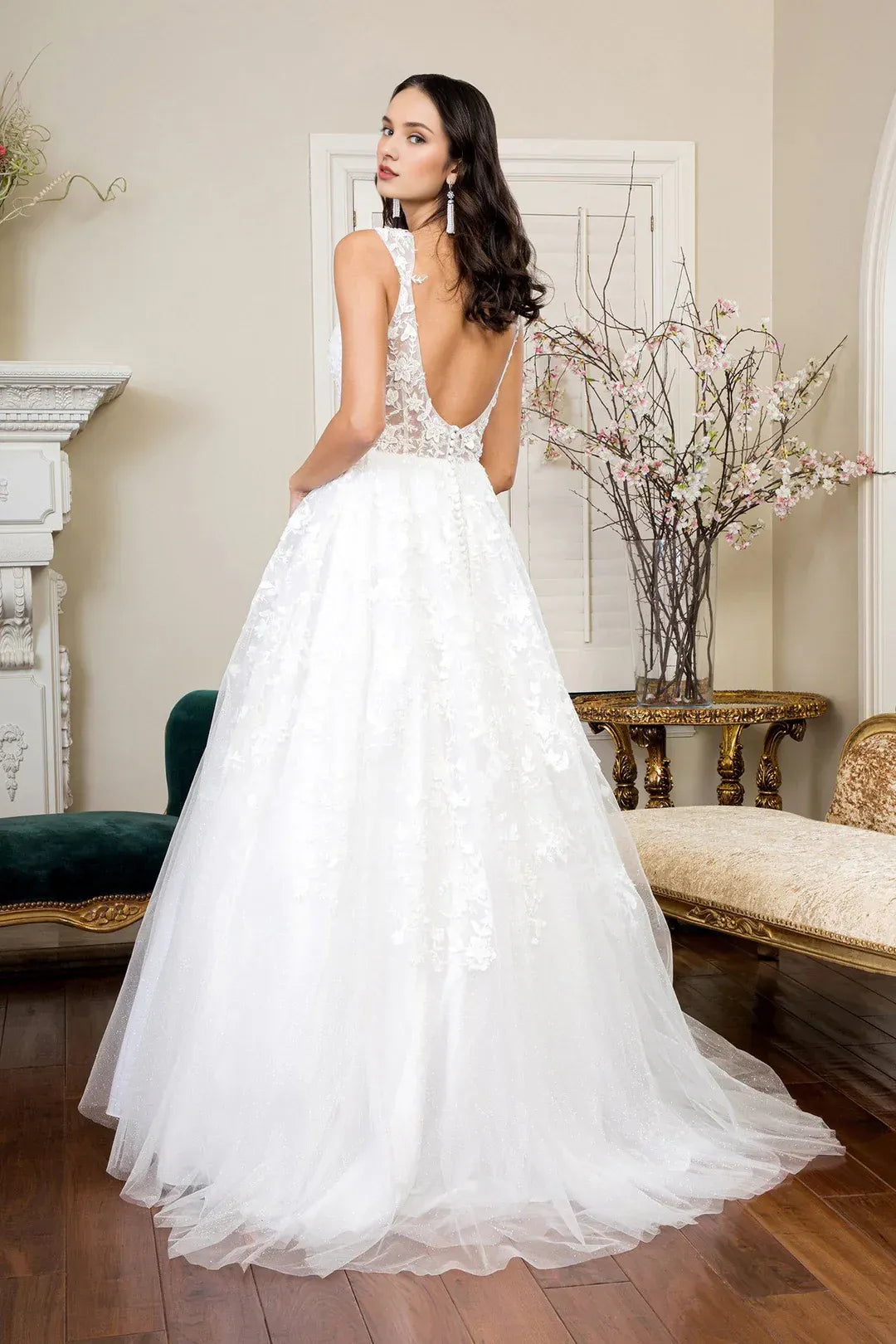 Stunning A-Line V-Neck Cap-Sleeve Floor-Length Wedding Dress