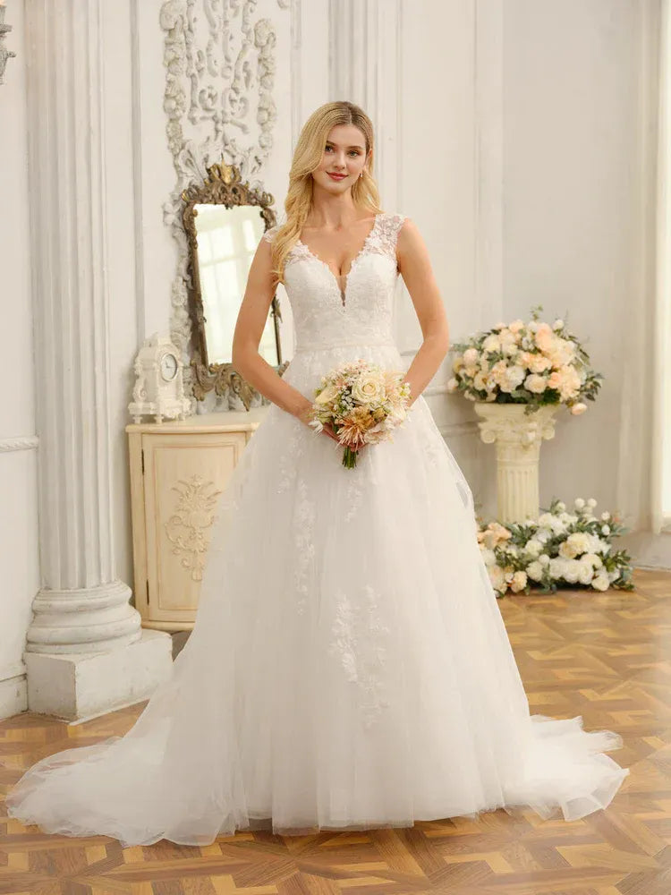 Timeless A-Line Plunge-Neck Cap-Sleeve Floor-Length Wedding Dress