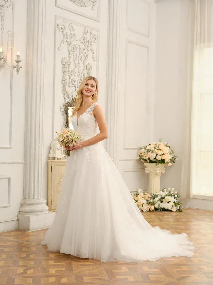 Timeless A-Line Plunge-Neck Cap-Sleeve Floor-Length Wedding Dress