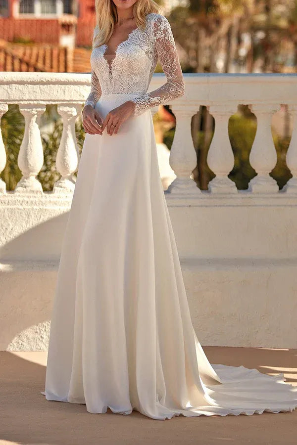 Timeless Plunging V-Neck Long-Sleeve A-Line Floor-Length Wedding Dress