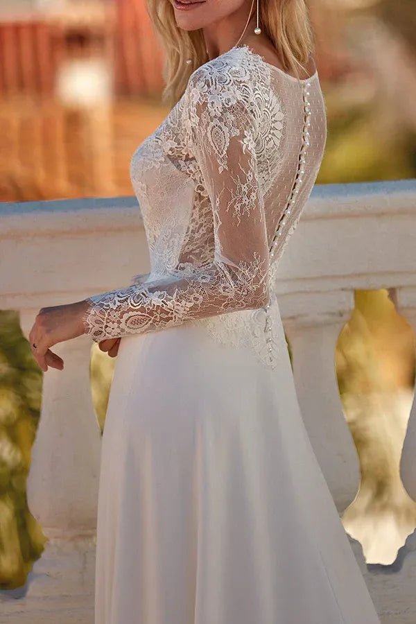 Timeless Plunging V-Neck Long-Sleeve A-Line Floor-Length Wedding Dress
