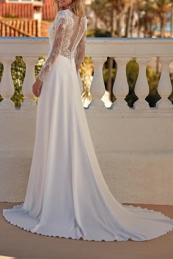 Timeless Plunging V-Neck Long-Sleeve A-Line Floor-Length Wedding Dress