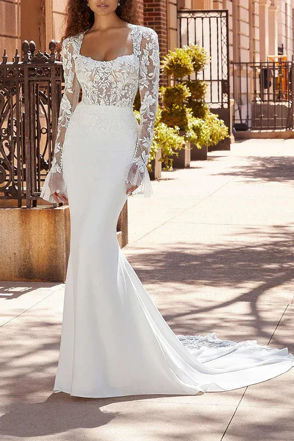 Timeless Square-Neck Long-Sleeve Mermaid Floor-Length Wedding Dress