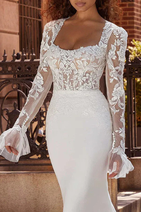 Timeless Square-Neck Long-Sleeve Mermaid Floor-Length Wedding Dress