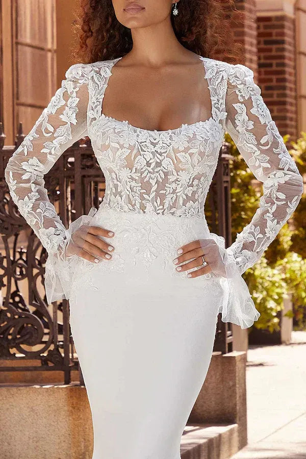 Timeless Square-Neck Long-Sleeve Mermaid Floor-Length Wedding Dress