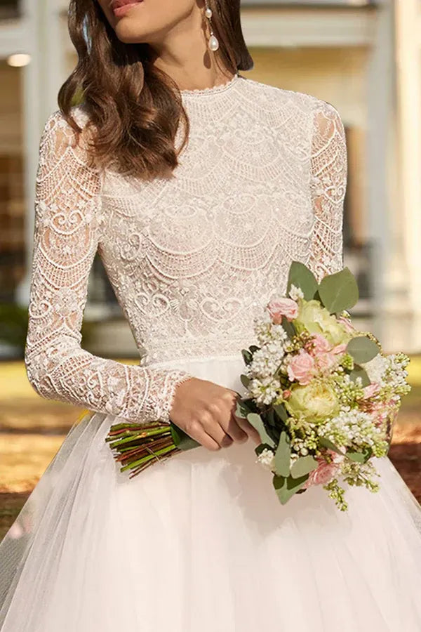 Vintage High-Neck Long-Sleeve Tea-Length A-Line Wedding Dress
