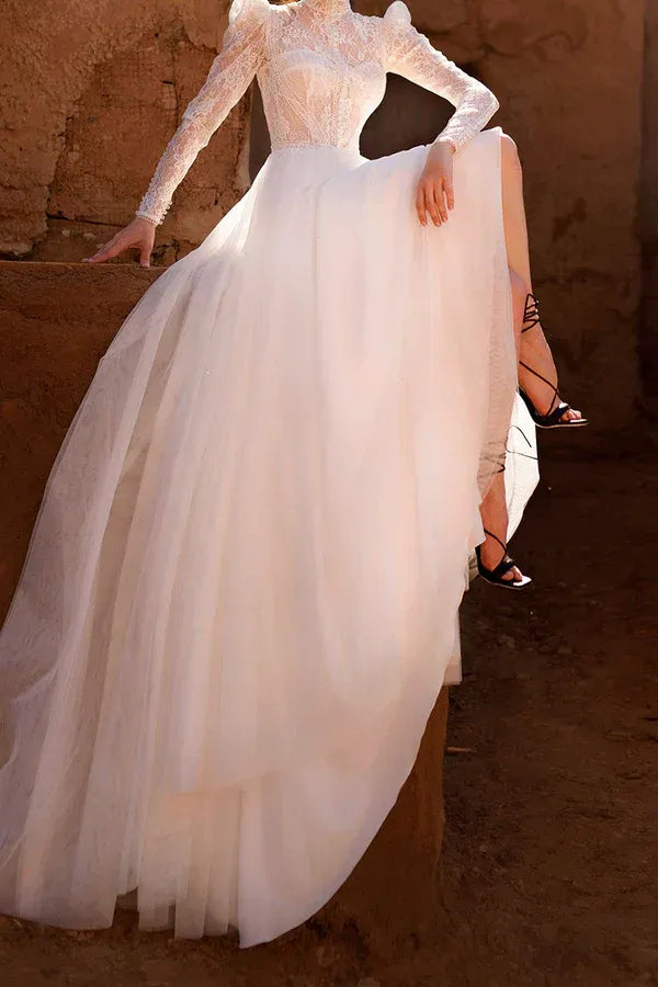 Vintage High-Neck Puff-Sleeve A-Line Floor-Length Wedding Dress