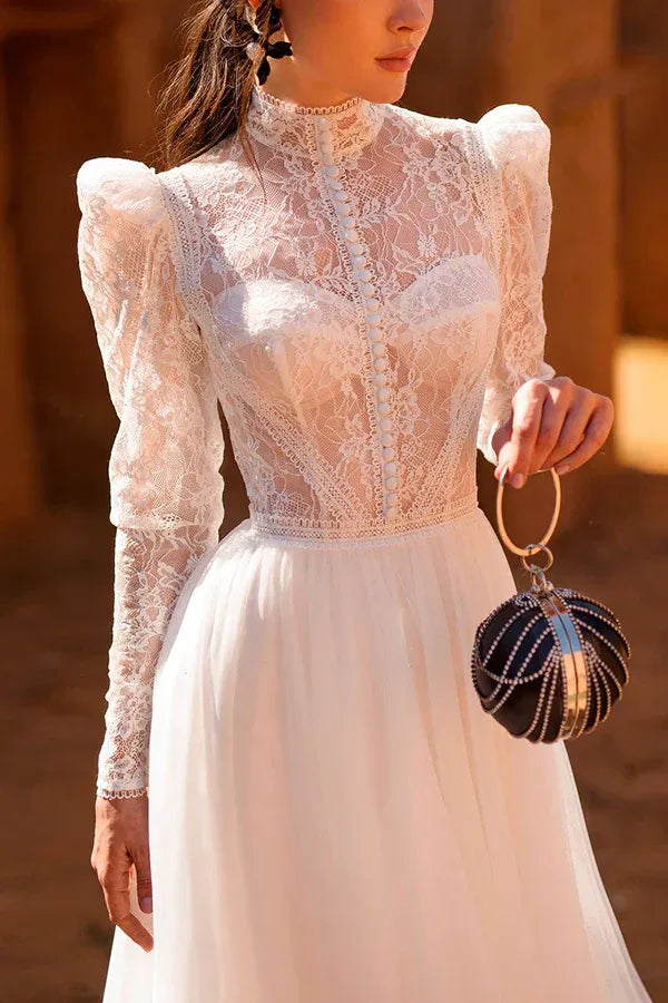 Vintage High-Neck Puff-Sleeve A-Line Floor-Length Wedding Dress