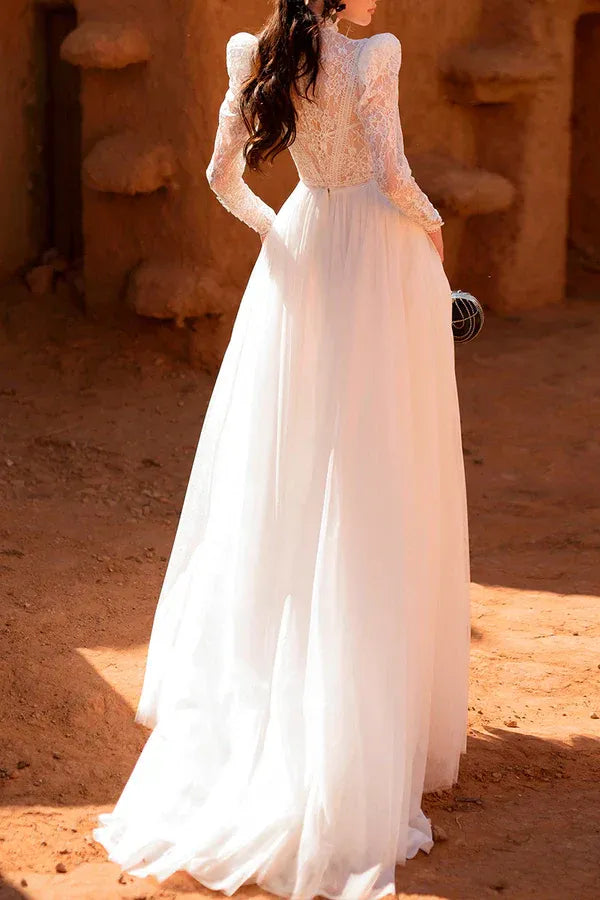 Vintage High-Neck Puff-Sleeve A-Line Floor-Length Wedding Dress