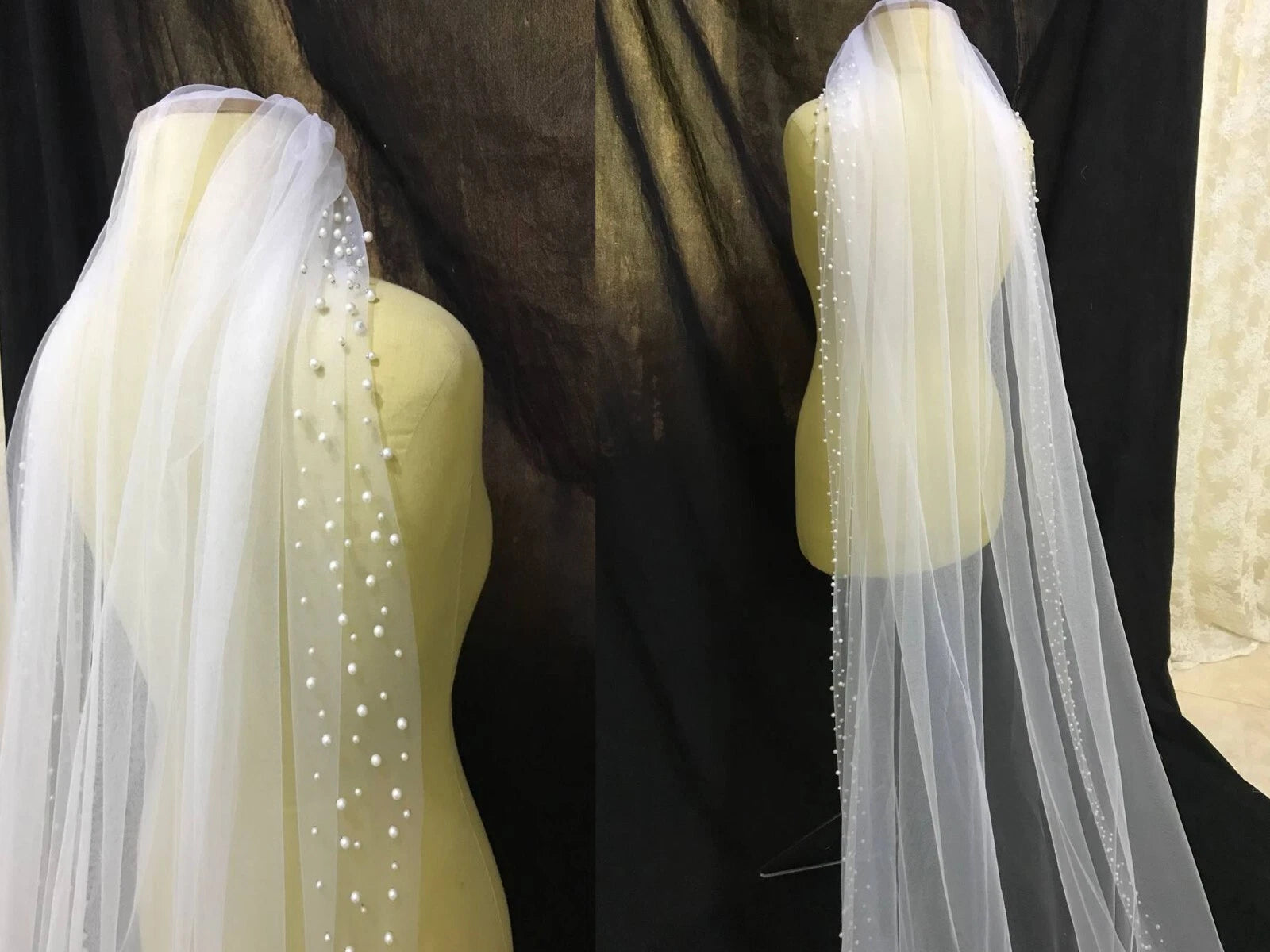 Wedding veil beaded with pearls edge 1 tier ivory color 120'' length