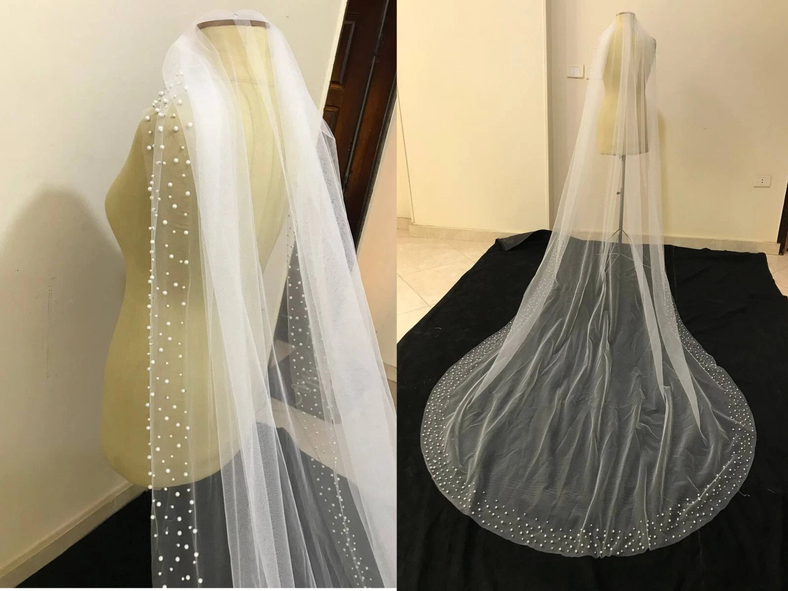 Wedding veil beaded with pearls edge 1 tier ivory color 120'' length