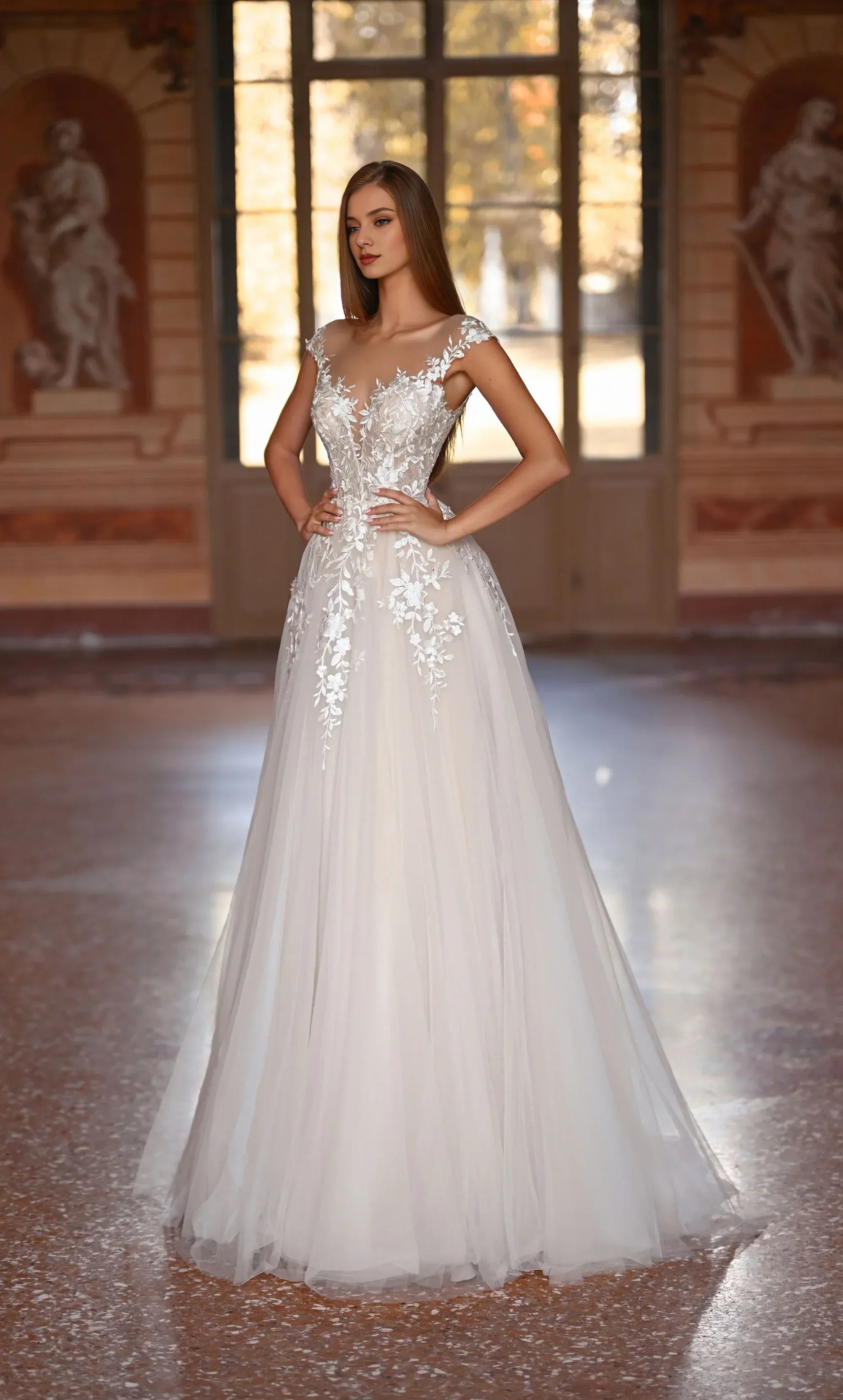 Whimsical A-Line Illusion-Neck Lace Floor-Length Wedding Dress