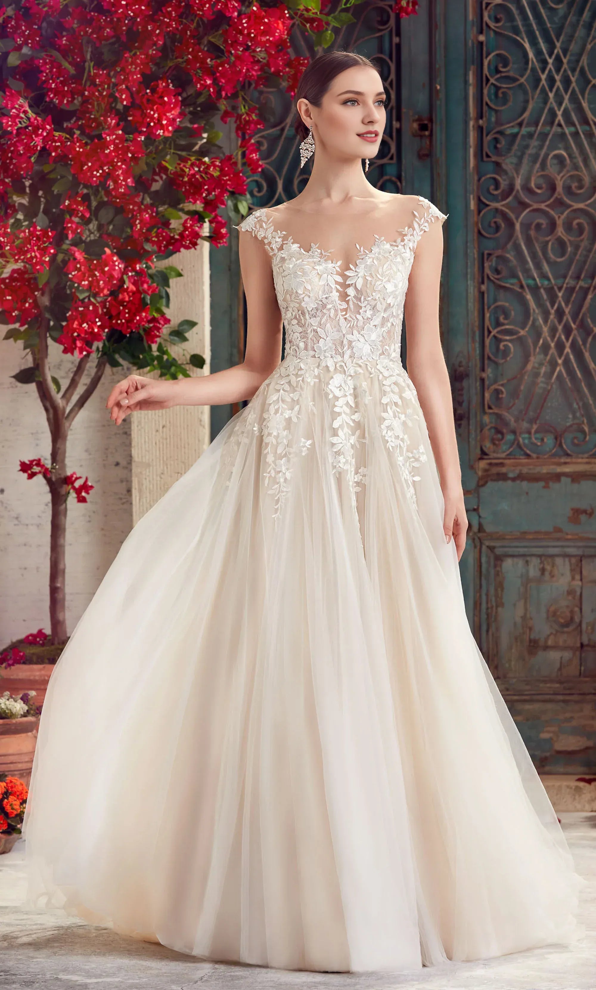 Whimsical A-Line Illusion-Neck Lace Floor-Length Wedding Dress