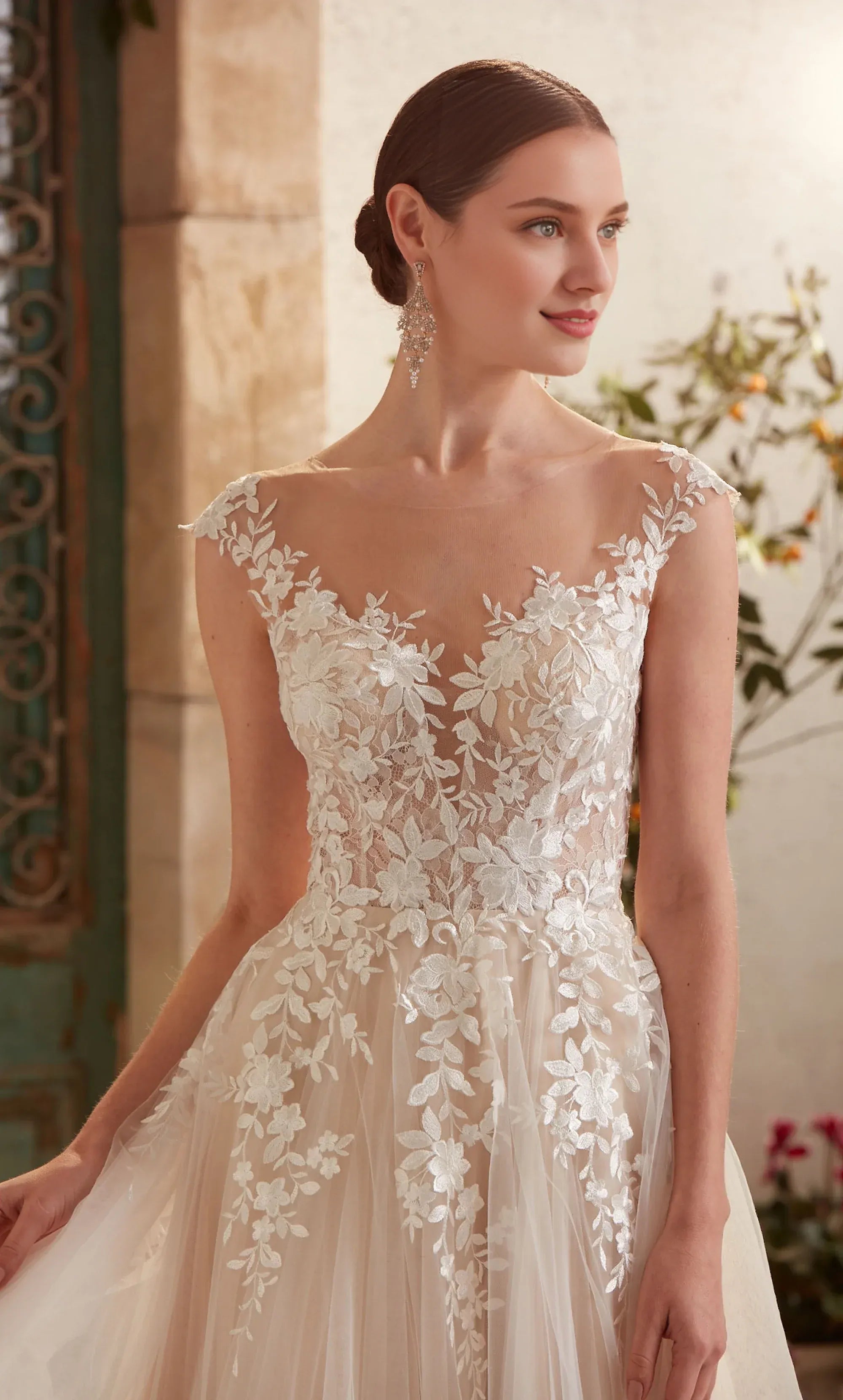 Whimsical A-Line Illusion-Neck Lace Floor-Length Wedding Dress
