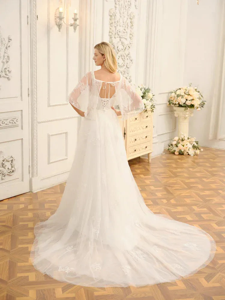 Whimsical A-Line Plunge-Neck Cape-Sleeve Floor-Length Wedding Dress