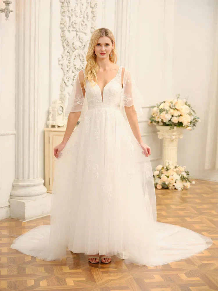 Whimsical A-Line Plunge-Neck Cape-Sleeve Floor-Length Wedding Dress