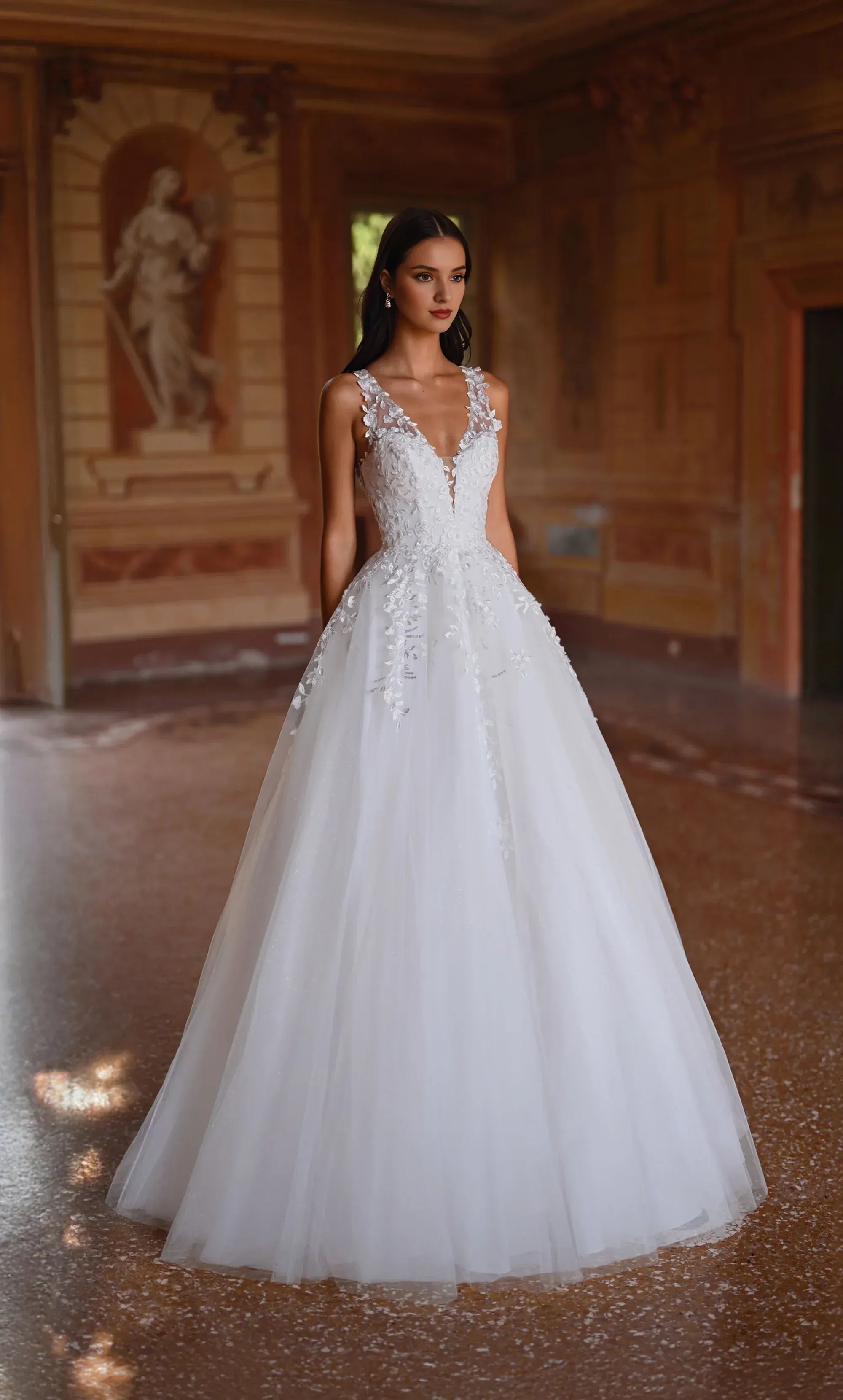 Whimsical A-Line Plunge-Neck Lace Floor-Length Wedding Dress