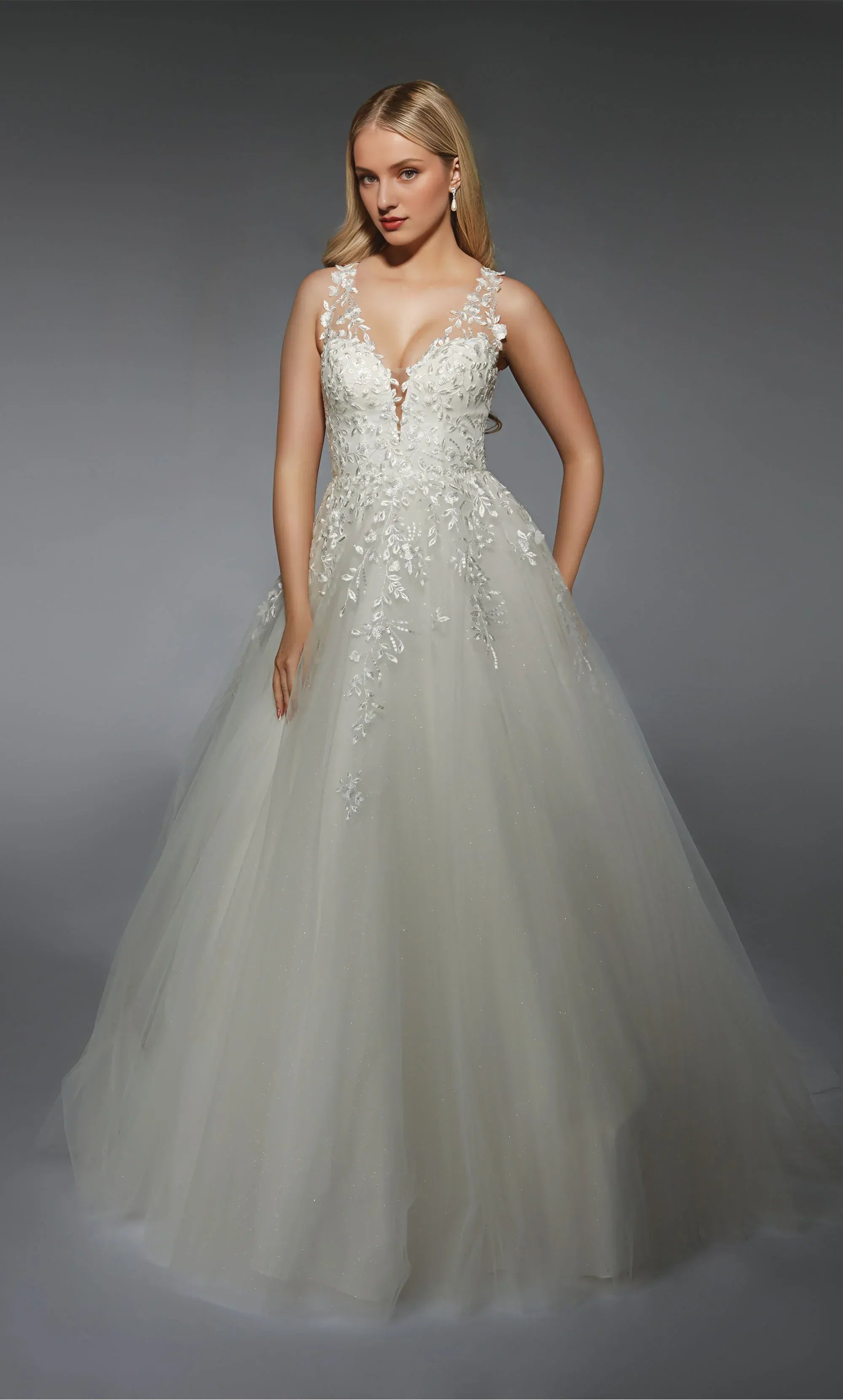 Whimsical A-Line Plunge-Neck Lace Floor-Length Wedding Dress