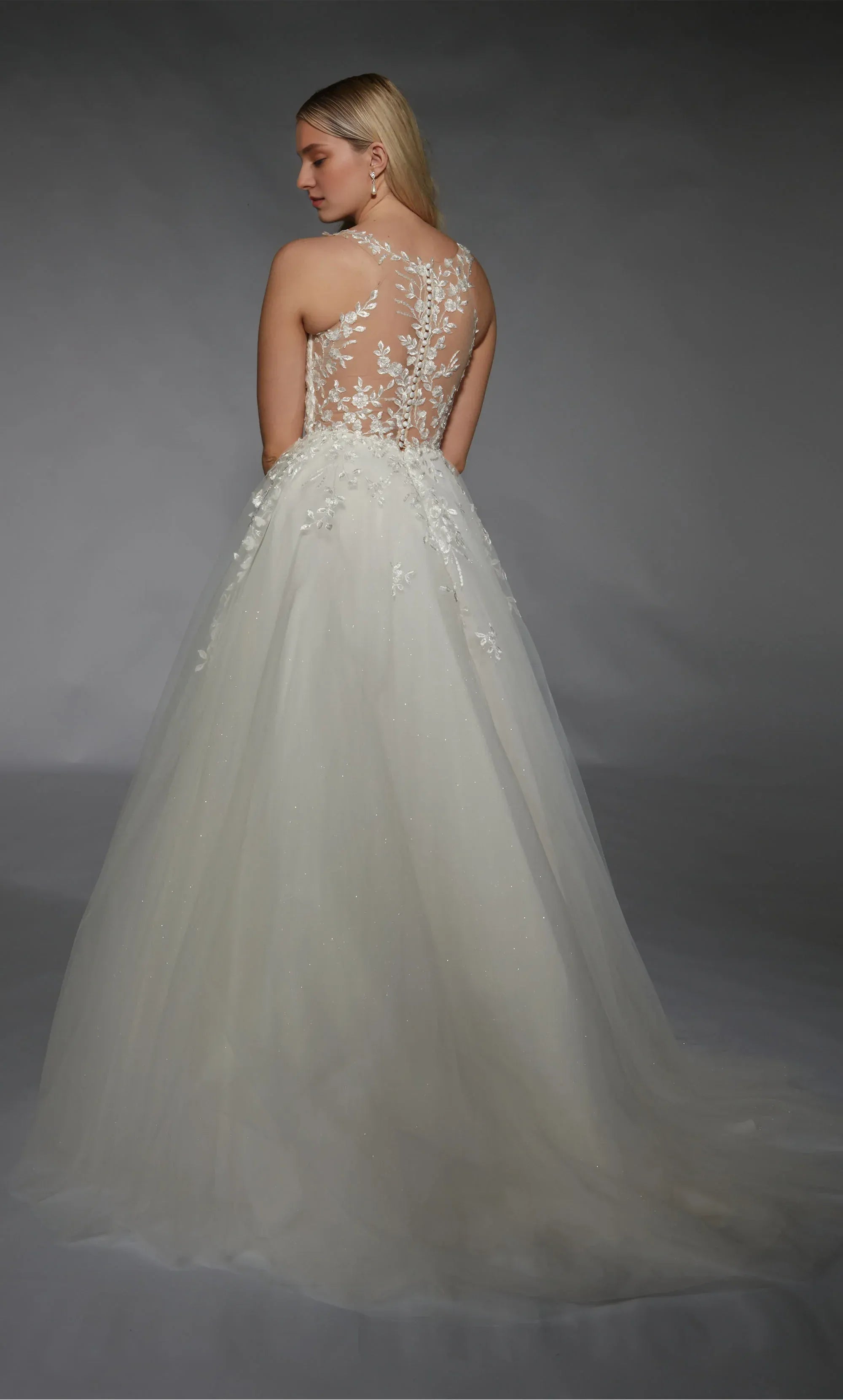 Whimsical A-Line Plunge-Neck Lace Floor-Length Wedding Dress