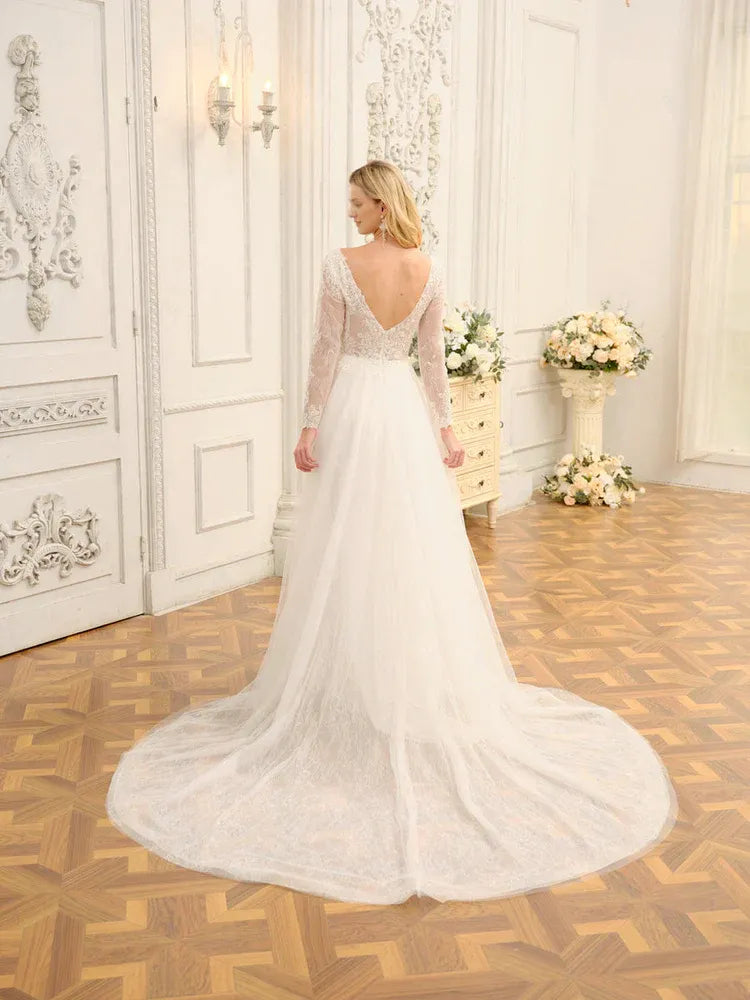 Whimsical A-Line Plunge-Neck Long-Sleeve Floor-Length Wedding Dress