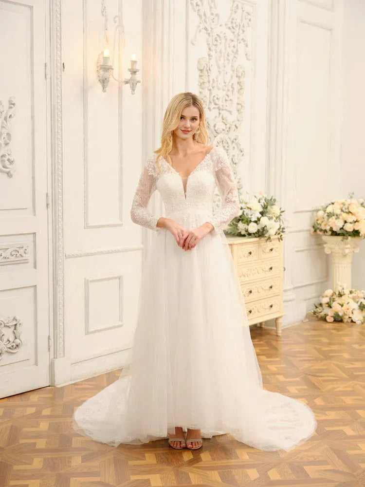 Whimsical A-Line Plunge-Neck Long-Sleeve Floor-Length Wedding Dress