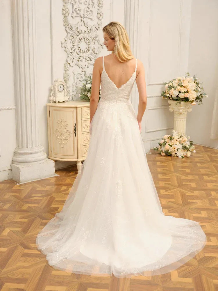 Whimsical A-Line Plunge-Neck Spaghetti-Strap Floor-Length Wedding Dress