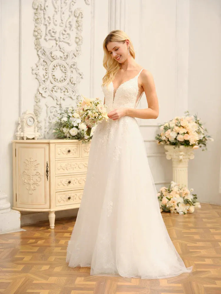 Whimsical A-Line Plunge-Neck Spaghetti-Strap Floor-Length Wedding Dress