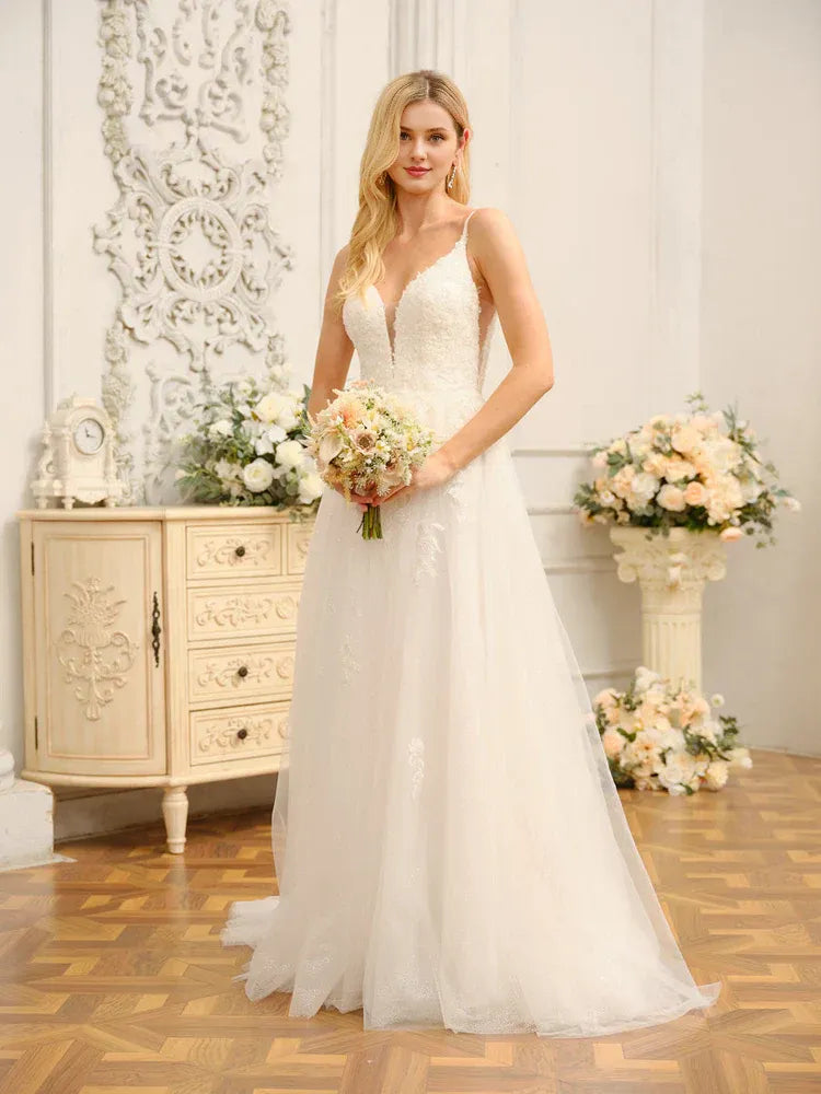 Whimsical A-Line Plunge-Neck Spaghetti-Strap Floor-Length Wedding Dress