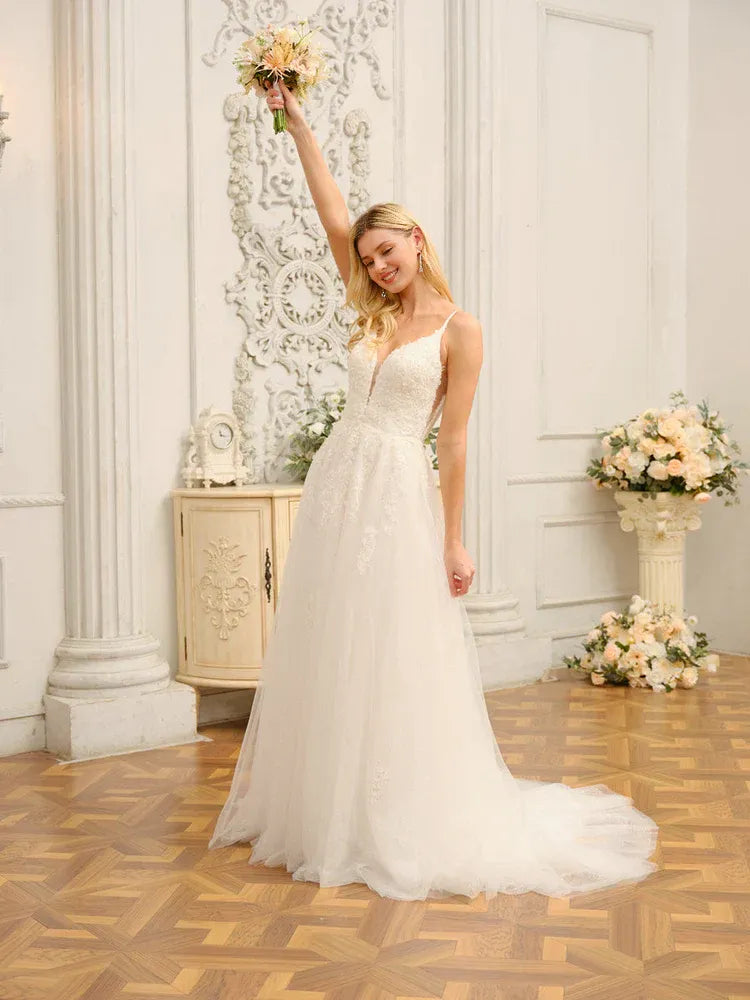 Whimsical A-Line Plunge-Neck Spaghetti-Strap Floor-Length Wedding Dress