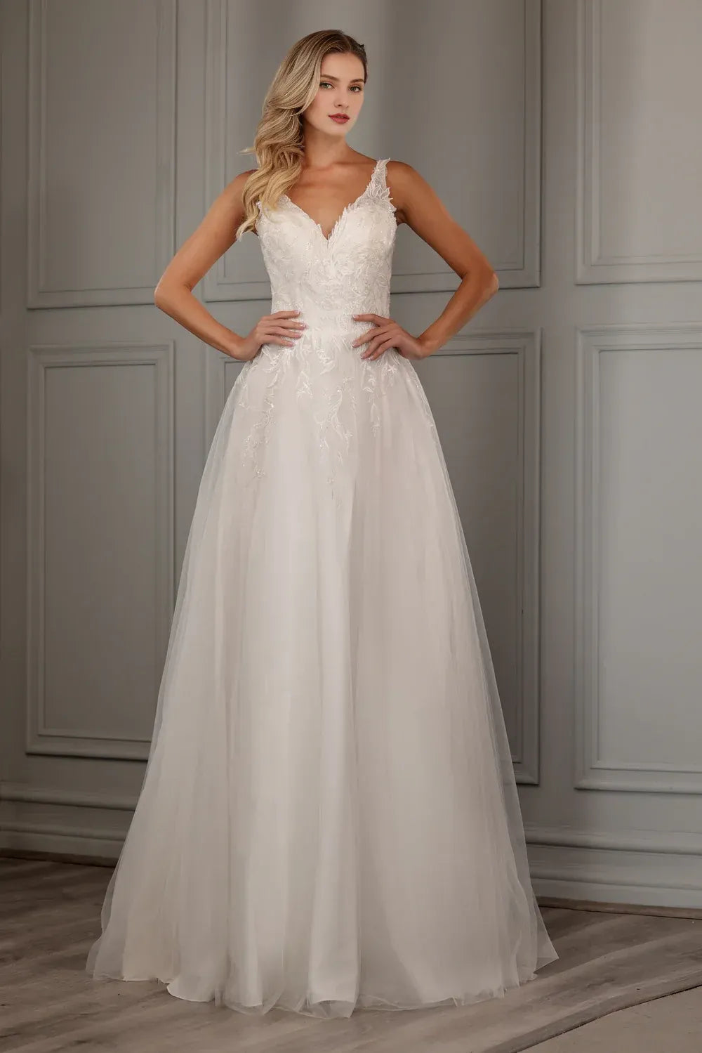 Whimsical A-Line Plunging-Neck Sleeveless Floor-Length Wedding Dress